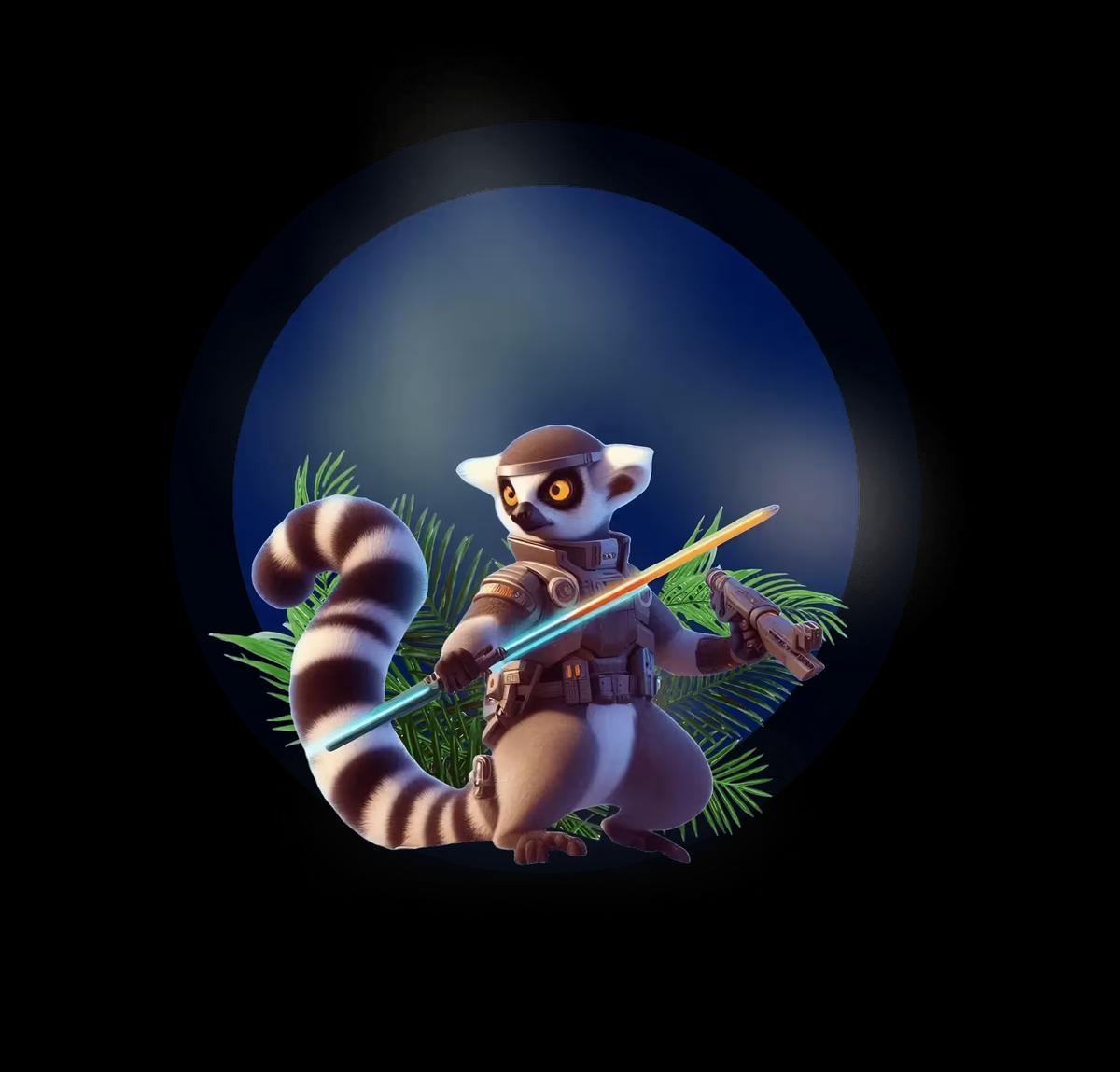 A  cartoon  Madagascar lemur, mascot of a software company , holding a digital sword in a circle.